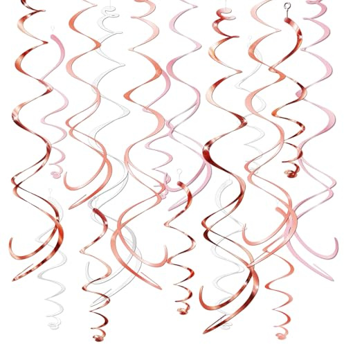 HonuGoGo Pink Hanging Swirl Decorations for Party – 42PCS Rose Gold Foil Ceiling Streamers with Hooks for Birthday, Bridal Shower, Bachelorette, Holiday Celebrations