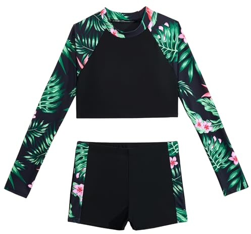 SEAUR Schwimmanzug Mädchen Langarm Zweiteiliger Badeanzug Kinder Rashguard Set Bauchfrei Schwimmshirt Badeshorts Sonnenschutz Badebekleidung - 160