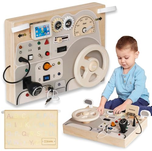 mamabrum MAM219 - Tavolo Attività in Legno Montessori | cruscotto auto con suoni, luci, alfabeto | giocattolo educativo per bambini dai 3 anni