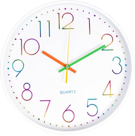 CIMOYBAI 30cm Horloge Murale, Chiffres 3D colorés, Moderne Horloge Murale Silencieuse, Murale Facile à Lire, pour Bureau, Salon, Cuisine, école, Chambre d'enfant (Blanco-E)