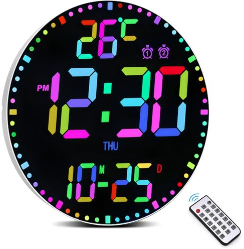 Dhnvcud Horloge murale numérique de 30,5 cm, grande horloge murale LED, horloge murale avec 12 couleurs RVB et télécommande, minuteur à grand affichage LED 2025 avec température, date, semaine
