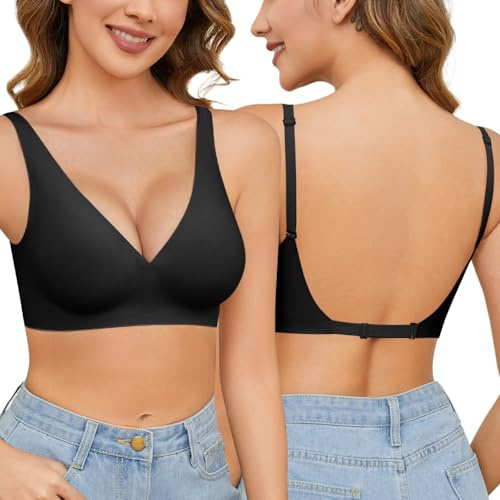 Niwicee Reggiseno Schiena Scoperta Invisibile Reggiseni Senza Ferretto Push Up V Profonda Reggiseno Multiway Bretelle Convertibili con Morbida Imbottiture (Nero, L)