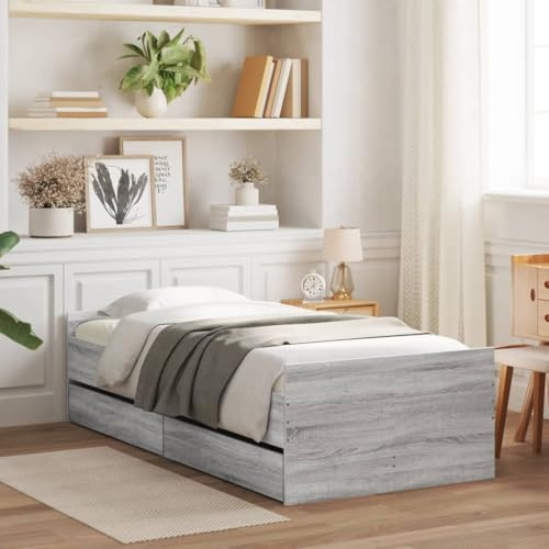 Zeehear Grey Sonoma Engineered Wood Bed Frame, 90x200 cm Platform with Two Storage Drawers, Sturdy Plywood Slats, Modern Design for Bedroom Organization