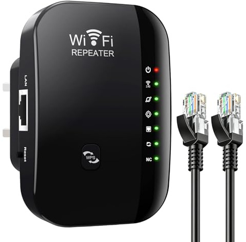 WiFi Extender Booster,Internet Repeater with Ethernet Port and 7 Model Lights WiFi Repeater Range Covers Up to 3000 Sq.ft and 45 Devices Wireless Signal Booster Quick Set up for Home UK Plug Black