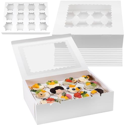 10 Stück Cupcake Box, 12 Löcher Cupcake Transportbox mit transparentem Fenster und Trennwänden, Weißer Kuchenbox Pappe, Geeignet für Kuchen, Macarons, Muffins, Gebäck für Hochzeit, Geburtstagsfeier