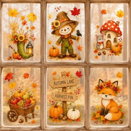 Stickers Fenetre Automne, Décoration Automne Statique pour les Fenêtres | Lot de 6 feuilles de 20 x 30 cm avec motifs d'automne, parfait comme autocollant décoratif pour une ambiance saisonnière