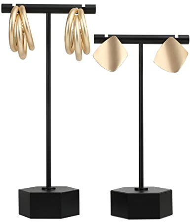 Gemezhou Svart Metall 2st Örhänge Display T Stand för Show, T Bar Smyckeshållare Träd för Detaljhandel Fotografi【Svart-sexkantig bas 2st Höjd 11,5 cm och 13,5 cm】