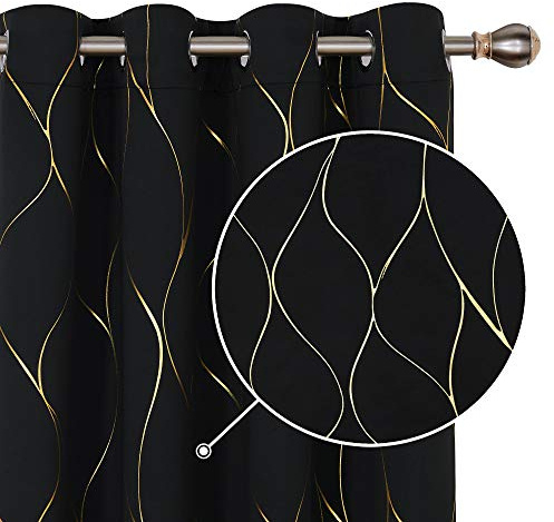 Deconovo Halloween Decorative Blackout Curtains, Eyelet Wave Foil Printed Thermal Insulated Curtains for Kids Bedroom, 46 x 54 Inch (Width x Length), Black, One Pair