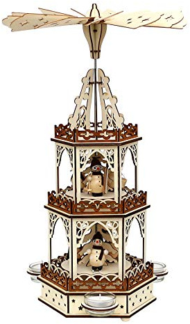 Dekohelden24 Wooden tealight pyramid in natural/brown with 3 levels, for 3 tea lights, L/W/H: 19 x 16.5 x 42 cm, snowmen design.