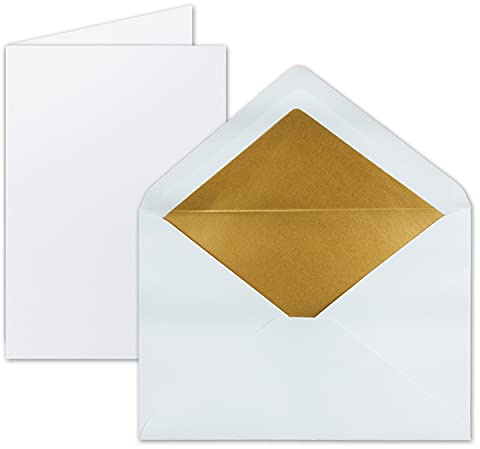 10 Sets - Faltkarten DIN A5 - Hochweiß (Weiß) mit Umschläge DIN C5 mit Gold Metallic Futter - 14,8 x 21 cm - FarbenFroh by GUSTAV NEUSER
