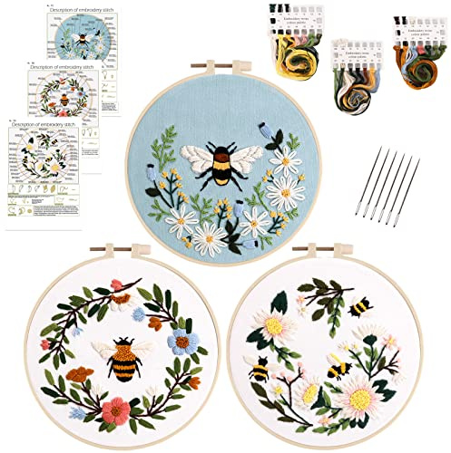 Lukinbox Broderi startkit för nybörjare, 3 uppsättningar korsstygnskit för vuxna, inkluderar broderkläder med söta bin och blommönster broderiöglor, trådar, nålar och instruktioner