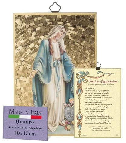 Fratelli Bonella | Cuadro sagrado sobre madera MDF de álamo 8 mm con mosaico de lámina dorada de la Virgen Milagrosa con Oración en la parte posterior 10 x 15 cm | Fabricado en Italia