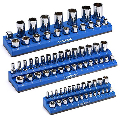CASOMAN Magnetic Socket Organizer, 3 Piece SocketHolder Kit, 1/2-inch, 3/8-inch, 1/4-inch Drive, Holds 75 Metric, Blue Color, Professional Quality Tools Organizer, Socket Not Included