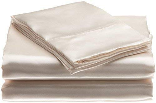 Bedify Bedding 100% Pure Silk Satin Sheet Set 4pcs, Silk Fitted Sheet 15 Deep Pocket Mattress fit,Silk Flat Sheet&Silk Pillowcases Set Soft Silk Sheets|Wrinkle Free Fade Resistant King, Ivory