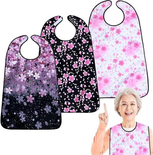 VOPHIA 3 Pack Adult Bibs for Eating Cherry Blossoms Women Bib-Washable Reusable Waterproof Clothing Protector with Detachable Crumb Catcher 29.53x19.69