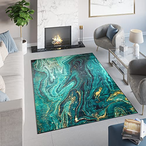 TAPISO Toscana Teppich Bedruckter Teppich Smaragd Dunkelgrün Gold Marmor Waschbar rutschfest Wohnzimmer Schlafzimmer Büro Modern Design 140 x 200 cm