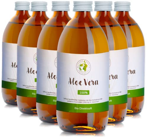 Mother Earth Products | 100% Bio Aloe Vera Direktsaft ohne Zusätze | Reines inneres Gel des Aloe Vera Blattes zum trinken | 1200mg/l Aloverose |6 x 500ml
