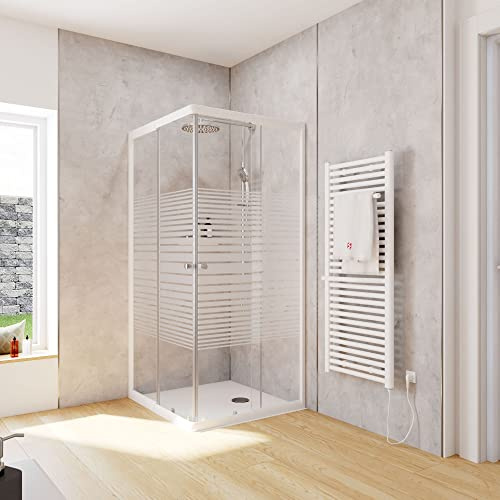 Schulte Duschkabine Corner Eckeinstieg mit Schiebetüren Alpinweiß 4 mm Sicherheitsglas (ESG) Dekor Querstreifen 90x80 cm, Montage auf Duschwanne oder Fliese