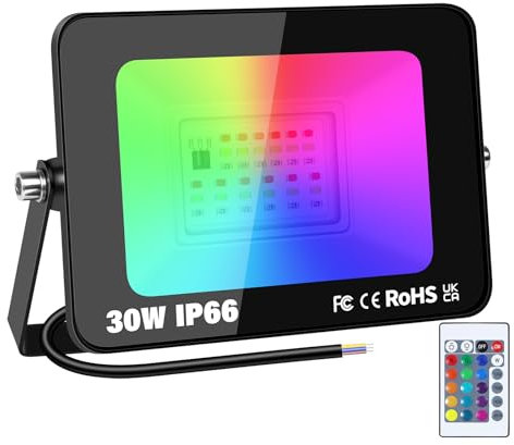 RIGIDON 1x 30W RGB faretto led esterno con telecomando, 3000LM proiettori faretti, dimmerabile stroboscopiche cambio colore lampada floodlight, IP66 impermeabile fari led per giardino palco partito