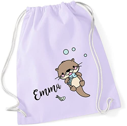 Personalisierter Turnbeutel für Mädchen Jungen mit Namen | Motiv Otter mit Fisch | Stoffbeutel mit Kordel zum Zuziehen | Geschenk-Idee für Kinder