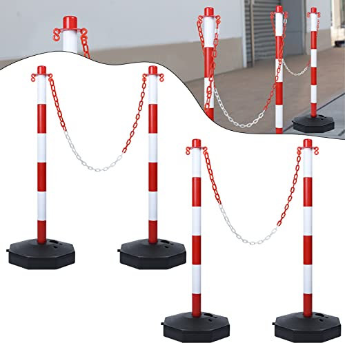NAIZY Absperrpfosten 4 pcs Kunststoff Poller mit 140cm Absperrkette & PE Basis Pfosten PP Absperrung 82cm Leitpfosten Flexibel Leitkegel inkl. Warnhinweise, Rot+Weiß