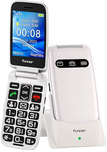 Funker E150 MAX Help Bianco, Telefono per anziani, Più facile, Smart Help, Telecomando, Schermo XXL con lettere grandi, Tastiera parlante, Tasto SOS, Batteria da 1000 mAH, Bianco
