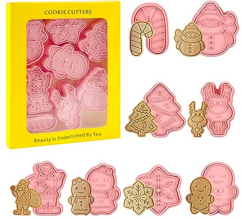 8 Pcs Christmas Cookie Cutter,3D Stamp Biscuit Cutters for Cookie | Gingerbread Man, Reindeer, Snowman, Cane, Snowflake, Christmas Tree, Santa for Cookie Baking