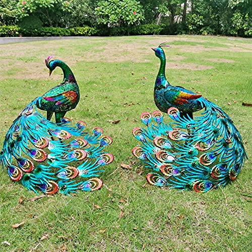 QCLUEU Metal Peacock Garden Sculptures and Statues Ornament, Set of 2 Peacock Outdoor Decorations for Yart Art, Porch, Patio, Lawn