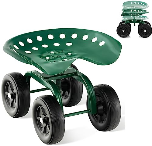 GiantexUK Rolling Garden Cart, Outdoor Gardening Planting Station Trolley with Adjustable Swivel Seat, Heavy Duty Garden Work Scooter, 150kg Load Capacity (Green)