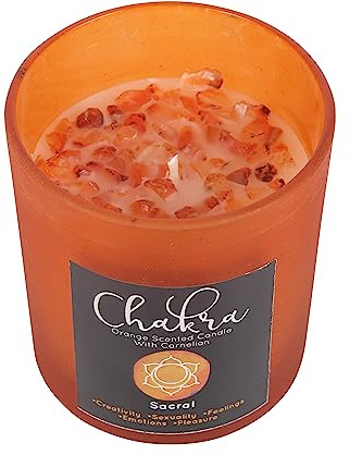 Candela sacra chakra: arancione profumato con frammenti di cristallo di corniola, manico in vetro riutilizzabile, coperchio metallico, durata 25 ore, cera di paraffina, scopo spirituale,
