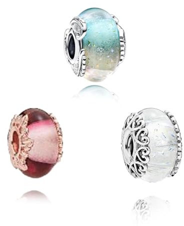 Amuefer 3 Stück Murano Glass Spacer Charms für Armbänder 925 Sterling Silber mit Cubic Zirkonia Anhänger für Halsketten Geburtstag Weihnachten Schmuck Geschenke für Frauen