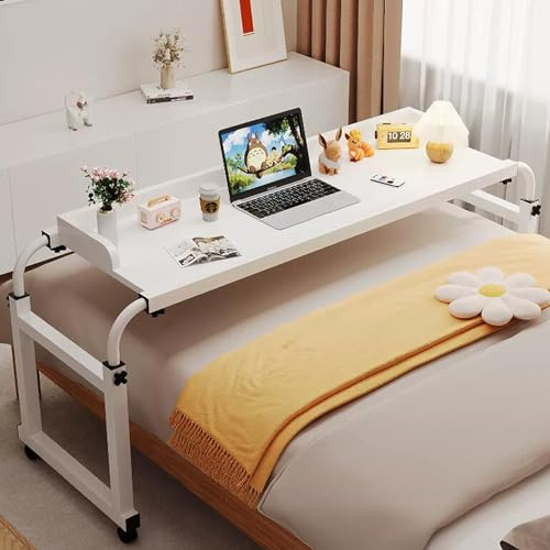 GXQFC Mobile Overbed-Computertisch, Steharbeitsplatz mit Rollen Höhen- und Längenverstellbarer Mobiler Tisch Laptopwagen Computertisch mit Schallwand für Das Heimbür(Color:Weiß)