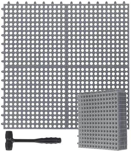 Drydiet 8 Pack Interlocking Floor Tiles with 1 Pc Plastic Hammer 12 x 12 Drainage Tiles Modular Floor Tiles Non Slip Splicing Mat Cushion Mat for Pool Bathroom Deck Kitchen Patio Balcony Garage