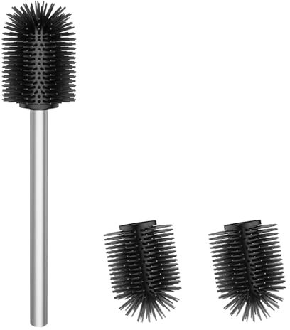 WAVEWO Scopino per WC in silicone, con 2 testine, diametro 7 cm, in acciaio inox 304, per la pulizia del bagno (TPR Argentato)