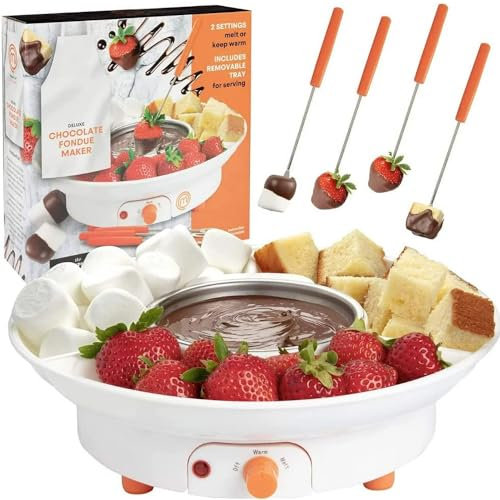FfiMe Appareil à Fondue au Chocolat – Ensemble de fondoir à Chocolat électrique avec 4 fourchettes en Acier, Bol en Acier Inoxydable, Plateau de Service pour Une Fusion Rapide