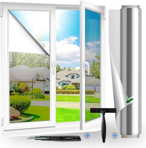 Fensfolie Silber(75X200cm)| UV-Schutz Sonnenschutzfolie Fenster innen oder außen | Fensterfolie Sonnenschutz Rückstandslose | Thermofolie Fenster Gegen Hitze | Spiegelfolie Sichtschutz