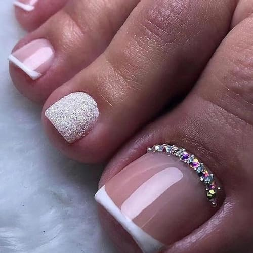 24 Stück Zehennägel zum Aufdrücken, mit Gelee-Kleber, Französisch Künstliche Fußnägel Natürliche (Shimmer Design)