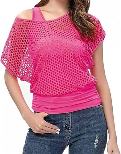 keephen Camiseta de Rejilla de neón con Hombros Descubiertos para Mujer Camiseta de Rejilla de Malla de los años 80 para niña Tops de neón Vestido Elegante (Camiseta + Chaleco)
