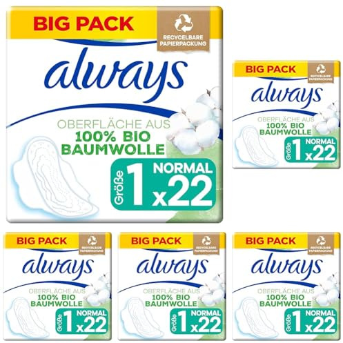 Always Ultra Binden Damen Gr. 1, Normal (22 Damenbinden mit Flügeln) Big Pack, Organic Cotton Protection, sicherer Schutz und Oberfläche 100% Bio-Baumwolle (Packung mit 5)