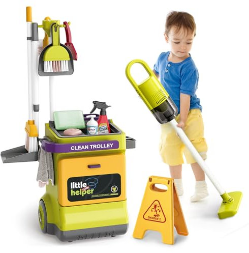 JONRRYIN Set di Pulizia per Bambini, Carrello di Pulizia con Scopa e Aspirapolvere per Giocattoli 3-5 Anni (Giallo)