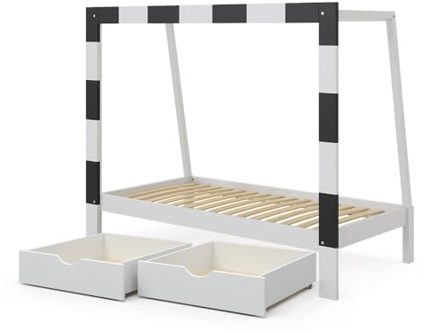 VitaliSpa Kinderbett Football Goal, Weiß, 80x160 cm mit Schublade, ausziehbar mit Netzbefestigung zur flexiblen Nutzung