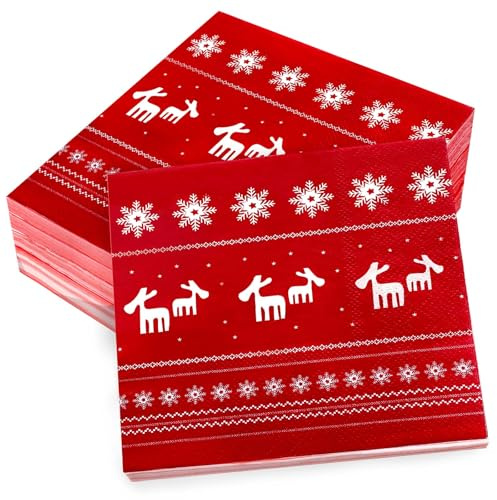 100Pcs Christmas Party Paper Napkins, Christmas Serviettes Red Xmas Napkin, Merry Christmas Table Decorations Snow Pattern Napkins Tissue Paper Luncheon Dinner Napkins for Christmas Party Supplies