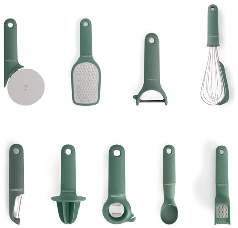 CREATE/Pack de 9 utensilios de cocina verde sage/Pelador de fruta y verdura, cuchara para helado, batidor de mano, rallador, exprimidor, cortador de pizza, abridor, prensa para ajos