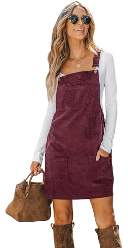 CUPSHE Women's Casual Mini Dress Square Neck Corduroy Solid Pocket Front Wide Straps Short Overall Dresse Wine Red L