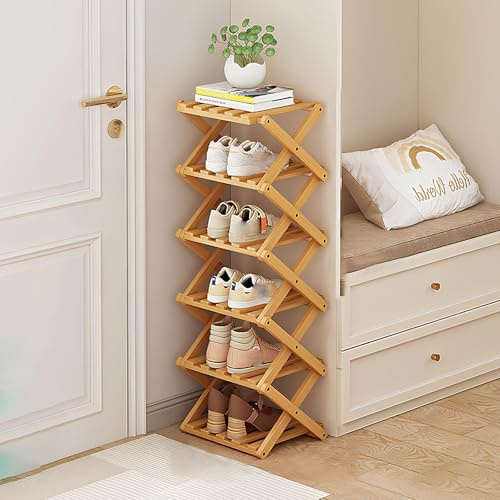 YYW Bambus Schuhregal klappbar Vertikal schmal für kleine Räume, 6 Ebenen | Schuhorganizer für Korridore, Schlafzimmer, Wohnzimmer, Ecke und kleine Räume, Freistehendes Klein Schuh Organizer