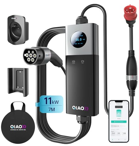 QIAO)) Mobile Wallbox 11kW 16A EV-Ladegerät Typ 2 auf CEE-Stecker, Smart-App [7m 3-Phasen 8-16A] Tragbare Ladestation für Elektroautos mit 2,8' LCD, Kabelhalter, Aufbewahrungstasche und Halterung