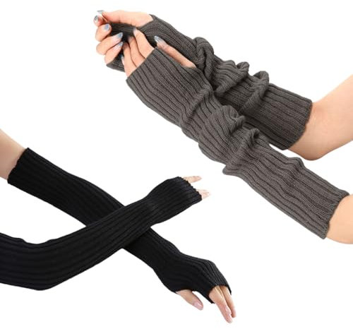 EUPSIIU 2 Paar Halb Fingerlose Handschuhe, Winter Fingerlose Armstulpen Handschuhe, Stricken Pulswärmer Handschuhe Wolle Damen handschuhe, Handwärmer Sporthandschuhe (Schwarz, Dunkelgrau)