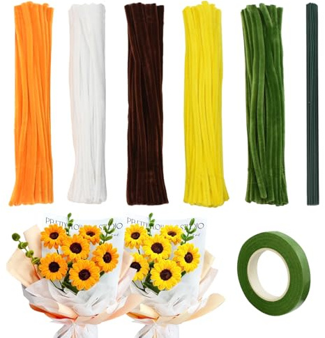 Coriver Pfeifenreiniger Blumen Set, 300 Stück Pfeifenputzer mit Blumenmotiv Zum Basteln, 5 Farben, 7mm Sonnenblumen Pfeifenreiniger, Grüne Chenille Stiele, Weiße Blumenstrauß für DIY Dekorationen