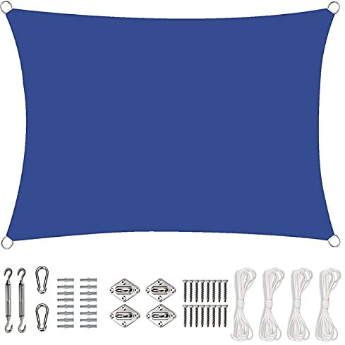 Vela ombreggiante impermeabile, 5 x 5 m, resistente ai raggi UV, blocco UV 98%, protezione per patio e terrazza all'aperto, tenda parasole blu resistente per giardino, terrazza e piscina