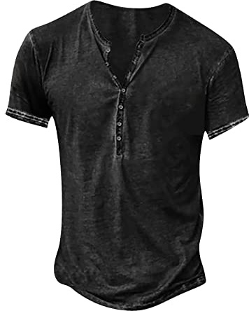 Tee Shirt Homme Col V Chemise Henley Manches Courtes D'Été Sportswear Vintage Boutons Eté T-Shirt Décontractée Slim Fit Musclée Shirts（01-Noir,M